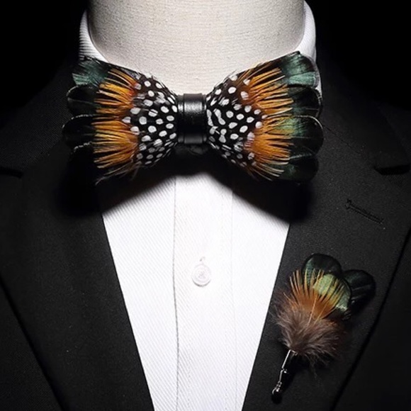 Handmade Green, Gold, and Black Dotted Feather Bow Tie Boutonnière Lapel Pin Set - Picture 1 of 12